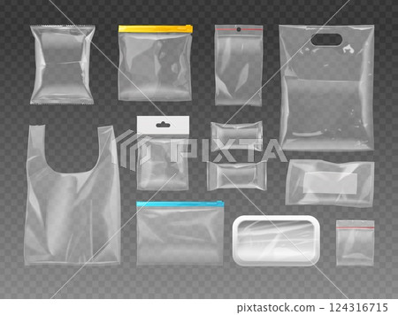 Plastic vacuum packaging. Cellophane polystyrene packing, sealed polyethylene pack mockup for food product branding, empty clear snack wrapper realistic exact vector illustration 124316715