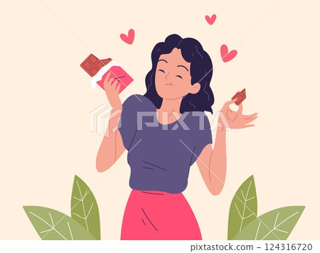 Girl eats chocolate. Happy woman hold dark chocolates bar, eat sweet candy delicious dessert get pleasure delight happiness hormone high calories female vector illustration 124316720
