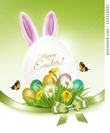 Holiday gift card with easter eggs and spring flowers in grass. Vector. Holiday gift card with easter eggs and spring flowers in grass. Vector. 124316842