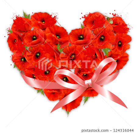 Nature greeting card with red poppies gathered in the shape of a heart and pink ribbon. Vector. 124316844