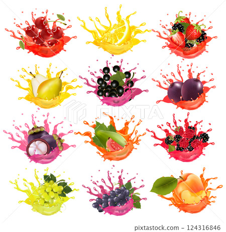 Set of fruits and berries in juice splashes. Grape. papaya, peach, cherry, passion flower, raspberry, strawberry, plum in juice drink splashing. Vector 124316846