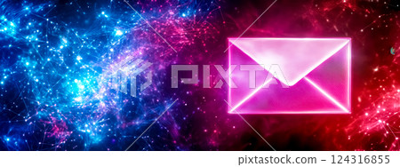 Neon pink email icon glowing on digital abstract background Neon pink email icon glowing on digital abstract background 124316855