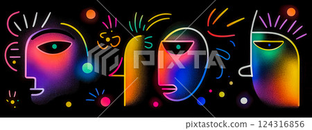Neon abstract faces representing diversity and modern art Neon abstract faces representing diversity and modern art 124316856