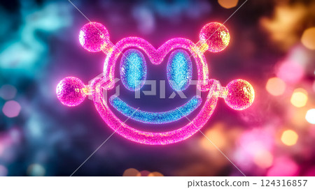 Glowing dopamine molecule forming a smiling face on a colorful bokeh background 124316857