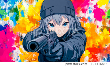 Determined anime girl holding paintball gun on colorful background 124316866