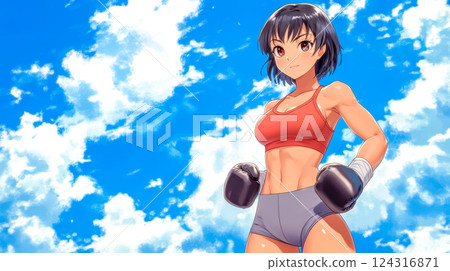 Determined anime boxer girl wearing boxing gloves under blue sky 124316871