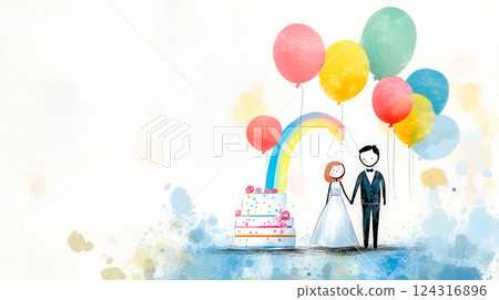 Bride and groom holding hands with balloons and wedding cake 124316896
