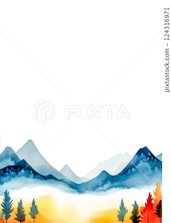 Watercolor painting of scenic autumn mountain landscape with colorful trees 124316971