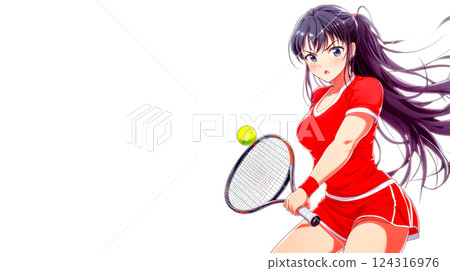 Determined anime tennis player preparing to serve the ball 124316976