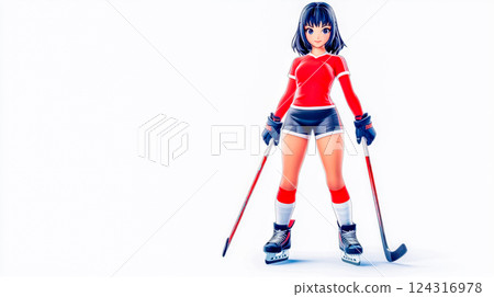 Determined anime hockey player standing with skates and stick on white background 124316978