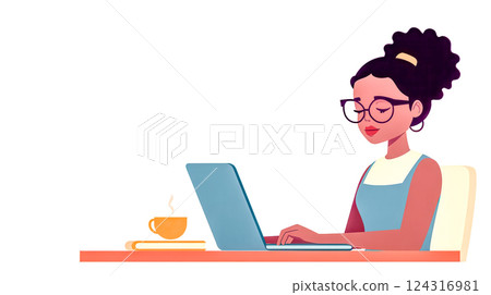 Focused student working on laptop with coffee and book 124316981