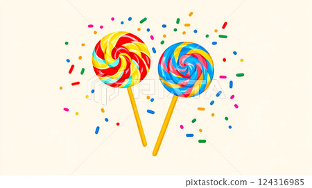 Two colorful lollipops with sprinkles on white background 124316985