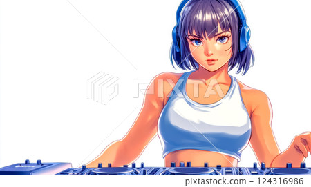 Female disc jockey mixing music on turntable wearing headphones 124316986