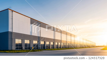 Symmetrical metal warehouses and orderly industrial park, logistics hub at dawn 124317320