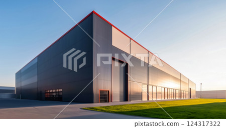 對稱的金屬倉庫和有序的工業園區、黎明的物流樞紐 124317322