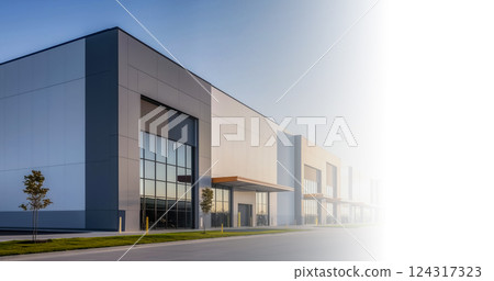 Symmetrical metal warehouses and orderly industrial park, logistics hub at dawn 124317323