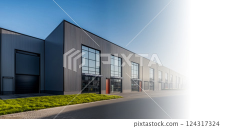Symmetrical metal warehouses and orderly industrial park, logistics hub at dawn Symmetrical metal warehouses and orderly industrial park, logistics hub at dawn 124317324