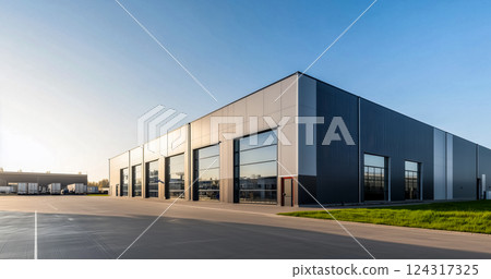 Symmetrical metal warehouses and orderly industrial park, logistics hub at dawn 124317325