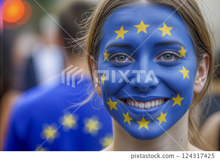 Smiling woman with EU flag face paint, European unity concept, AI generated 124317425