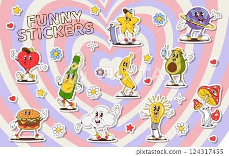 Cartoon groovy characters stickers pack. Vector retro y2k heart, star and planet, banana, beer bottle, burger and amanita mushroom. Cloud, light bulb and avocado with funky and playful expressions Cartoon groovy characters stickers pack. Vector retro y2k heart, star and planet, banana, beer bottle, burger and amanita mushroom. Cloud, light bulb and avocado with funky and playful expressions 124317455
