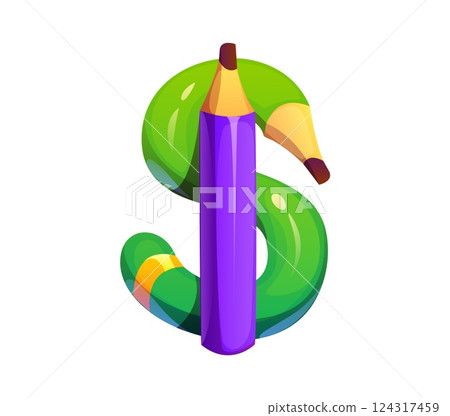 School education font pencil punctuation dollar currency sign. Kid study funny ABC alphabet special symbol, child creative classes vector latin typeset sign or student education English font element 124317459