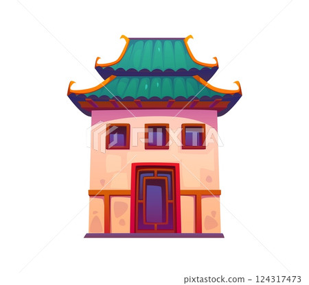Chinese building of China town gate or Asian house and pagoda temple, cartoon vector. Chinese or Japanese and Korean architecture house, oriental traditional pagoda shrine or Asian town tower 124317473