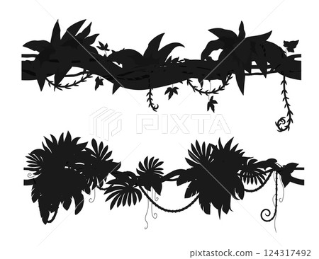 Amazon rainforest jungle creeper liana branch silhouette. Amazon rainforest nature creeper liana branch silhouette, African rain forest jungle shrub isolated vector shape. Tropical forest vine leaves Amazon rainforest jungle creeper liana branch silhouette. Amazon rainforest nature creeper liana branch silhouette, African rain forest jungle shrub isolated vector shape. Tropical forest vine leaves 124317492