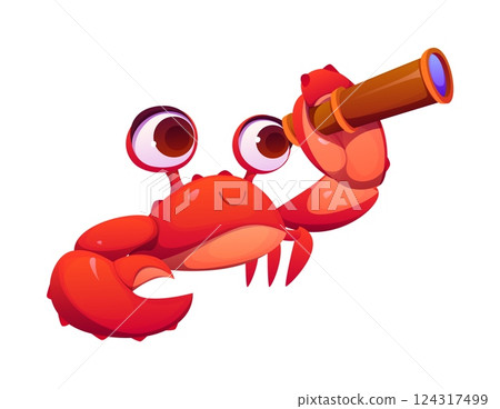 Cartoon crab pirate and corsair sea captain animal character looking in spyglass. Isolated vector fearsome underwater arthropod personage with a glass in Its claws ready for high seas adventure Cartoon crab pirate and corsair sea captain animal character looking in spyglass. Isolated vector fearsome underwater arthropod personage with a glass in Its claws ready for high seas adventure 124317499