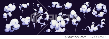 Cartoon smoke clouds, vector set of white flavor, steam, aroma or toxic vapor and dust trails. Flow mist or smoky chemical steam, isolated comics book boom and explosion effects, steaming spread, haze Cartoon smoke clouds, vector set of white flavor, steam, aroma or toxic vapor and dust trails. Flow mist or smoky chemical steam, isolated comics book boom and explosion effects, steaming spread, haze 124317513