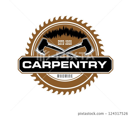 Carpentry woodwork icon featuring crossed axes in front of a circular saw blade and pine tree silhouettes, emphasizing the woodworking tradition and craftsmanship with rugged brown and black tones 124317526