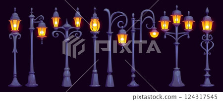 Cartoon old light post and streetlight, street light pole. Vector vintage lamps glowing. Lampposts with metal columns, multiple lanterns and elegant aesthetic, nostalgic nighttime city illumination 124317545