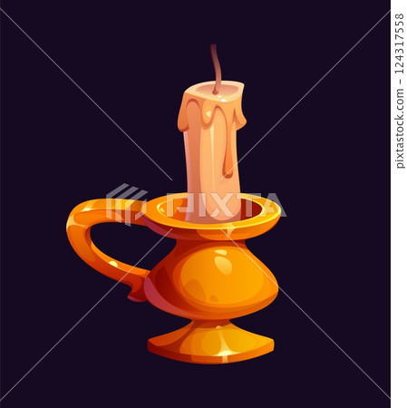 Cartoon melted candle icon in a golden antique holder, with dripping wax and burnt wick, evoking a pirate or medieval theme. Vector rustic, vintage candlelight fitting for corsair game adventures Cartoon melted candle icon in a golden antique holder, with dripping wax and burnt wick, evoking a pirate or medieval theme. Vector rustic, vintage candlelight fitting for corsair game adventures 124317558