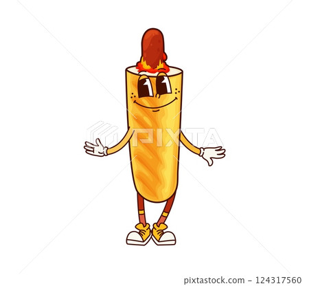 Cartoon fast food corn dog groovy character. Takeaway meal funny retro funky personage, cute 60s 70s groovy isolated vector mascot. Street cafe menu corn dog or french hotdog fast food happy character 124317560