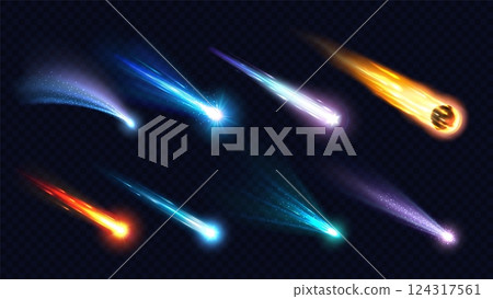 Realistic space comets, meteors, stars and asteroids with light trails at vector transparent background. Realistic 3d meteor shower, shooting stars and comet fireballs falling with fire and sparkles 124317561