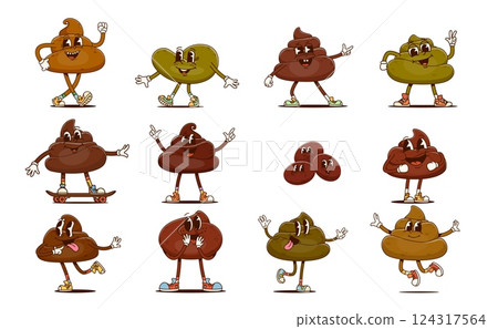 Cartoon groovy poop characters, funny poo excrement personages, happy toilet shit emoticons. Vector set of playful guano pile emojis with big smiles, expressive eyes, and quirky faces radiating joy 124317564