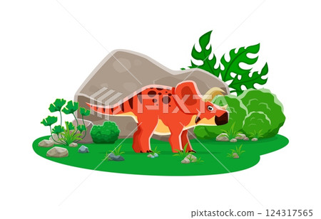 Arrhinoceratops prehistoric cartoon dinosaur. Isolated vector triceratops like dino with red skin and horns, stands at lush Jurassic era landscape with large rocks, plants and bushes on a green field Arrhinoceratops prehistoric cartoon dinosaur. Isolated vector triceratops like dino with red skin and horns, stands at lush Jurassic era landscape with large rocks, plants and bushes on a green field 124317565