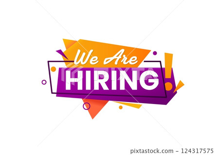We are hiring icon. Vector speech bubble with bold typography and abstract geometric shapes in orange and purple, conveys urgency and excitement for job recruitment advertisements and hiring campaigns 124317575