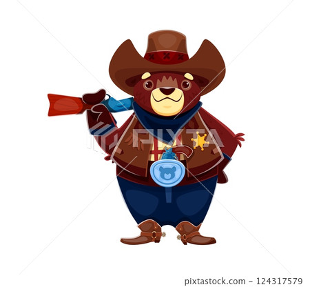 Cartoon Wild West animal cowboy or bear sheriff character, vector ranger. Western bandit or Texas cowboy and Wild West animal character with sheriff star badge and rifle and revolver gun in bandoleer 124317579