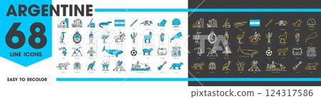 Argentine travel and landmark line icons of Argentina map, flag and coat of arms. Vector outline South America tango, soccer, food and culture symbols. Argentinian gaucho, mate tea, waterfall and wine Argentine travel and landmark line icons of Argentina map, flag and coat of arms. Vector outline South America tango, soccer, food and culture symbols. Argentinian gaucho, mate tea, waterfall and wine 124317586