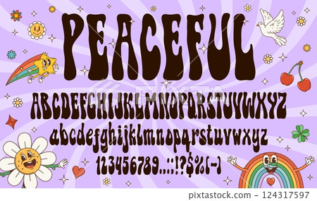 Groovy retro psychedelic font, hippy type, 60s trippy typeface, vintage english alphabet with vector cute hippie rainbow, flower and star characters. Groovy psychedelic font alphabet letters, numbers 124317597
