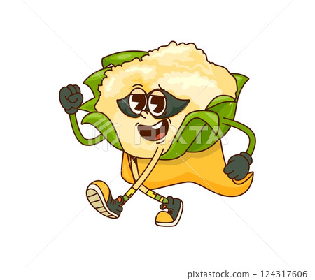 Cartoon groovy cauliflower superhero character in super power cape, vector vegetable. Funny groovy cauliflower superhero in rescue ranger costume in mask for kids cute hero cartoon character 124317606