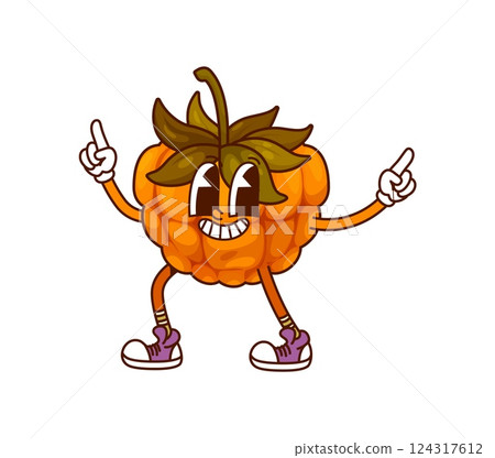 Cartoon groovy cloudberry berry character. Isolated vector ripe and healthy cheerful and funky retro fruit y2k personage with green leaves on top, large eyes, sneakers and smiling facial expression 124317612