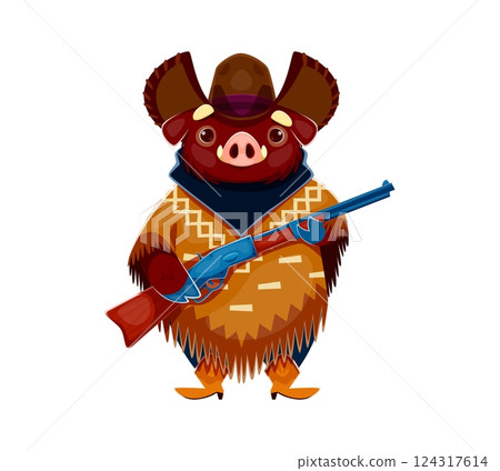 Cartoon Wild West boar animal cowboy and sheriff, ranger and bandit character holding a rifle gun, wearing western poncho, hat, and boots. Vector pig personage capturing playful woodland frontier vibe Cartoon Wild West boar animal cowboy and sheriff, ranger and bandit character holding a rifle gun, wearing western poncho, hat, and boots. Vector pig personage capturing playful woodland frontier vibe 124317614