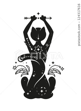 Mystical black cat with celestial, magic and esoteric symbols, sitting in a meditative pose, its body features cosmic stars. Animal holding an arrow above head, symbolizing wisdom and spirituality 124317616