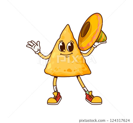 Mexico tortilla nacho chip groovy cute character. Mexico tortilla appetizer vintage cartoon cute character, corn snack retro vector happy mascot. Mexican nacho chip groovy personage with sombrero hat Mexico tortilla nacho chip groovy cute character. Mexico tortilla appetizer vintage cartoon cute character, corn snack retro vector happy mascot. Mexican nacho chip groovy personage with sombrero hat 124317624