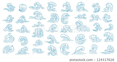 Ocean sea asian japanese and chinese wave icons. Vector line art graphic waves with vintage oriental pattern of blue water splashes and swirls. Asian beach surf, ocean tsunami or storm icons set Ocean sea asian japanese and chinese wave icons. Vector line art graphic waves with vintage oriental pattern of blue water splashes and swirls. Asian beach surf, ocean tsunami or storm icons set 124317626