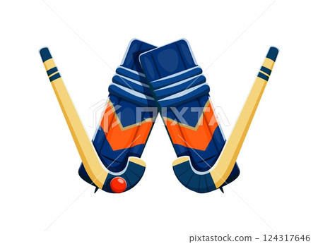 Cartoon letter W as hockey gear featuring two sticks, ball and protective knee pads. Vector sport font, typeface, funny type, kids English alphabet for children abc learning, sports, games activities Cartoon letter W as hockey gear featuring two sticks, ball and protective knee pads. Vector sport font, typeface, funny type, kids English alphabet for children abc learning, sports, games activities 124317646