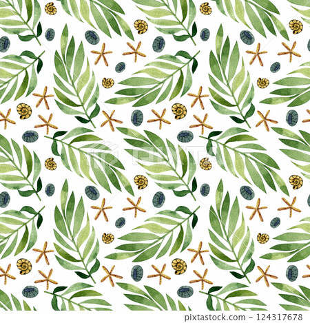 Tropical leaves, shells and starfish on seamless watercolor pattern on light background, for your prints on fabric, wrapping paper, scrapbooking paper and cards. 124317678