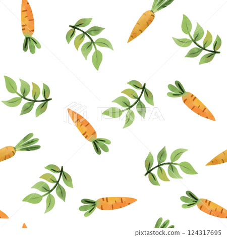 Spring illustration, seamless pattern with bright carrots on a white background in cartoon style, for your greetings, cards and backgrounds. 124317695