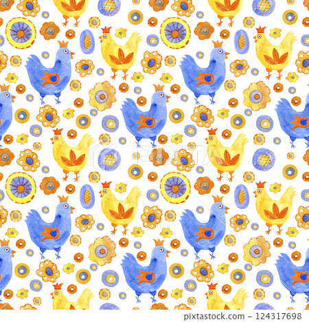 Cartoon pattern with funny hens and cockerels spring pattern on white background, watercolor illustration for spring holidays and Easter. 124317698